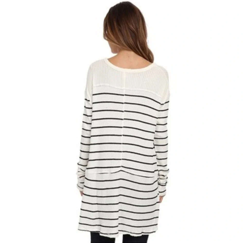 Free People Sunset Park Oversized Thermal‎ Tunic Black/White Striped Size L Boho